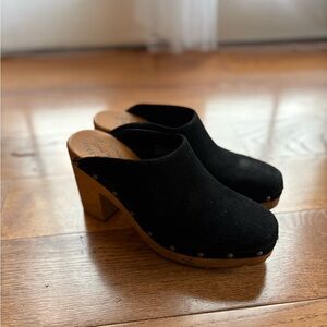 Kork-Ease Black Suede Mules with Wooden Heel
